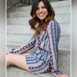 Divided Boho Stripe Long-Sleeve Romper in Navy, White & Rust